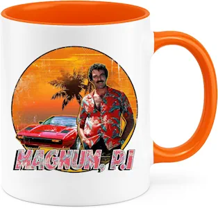Magnum Tasse | Retro 80er Kaffeetasse mit Motiv – Detektiv Style – Kaffeebecher Geschenk | M2 Weiß-Orange