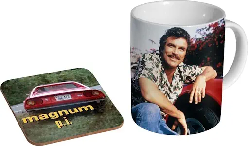 Magnum PI Tom Selleck Keramik Kaffeetasse + Untersetzer Geschenkset